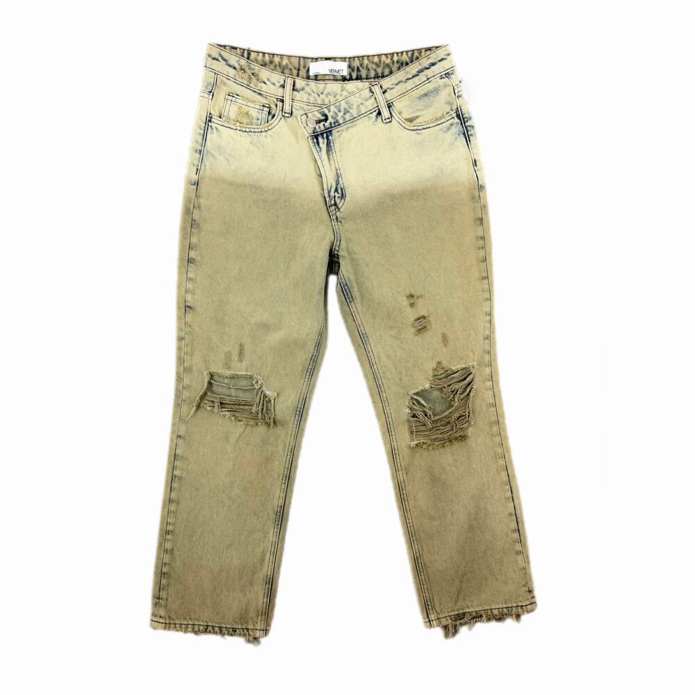 Vervet NWT Ombre Cross Waist Distressed Asymmetrical Straight Leg Denim Jeans